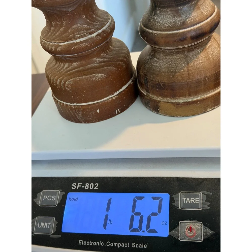 Set of 2 Rustic Distressed Wood Pillar Candle Holders Farmhouse Brown 6 Inch